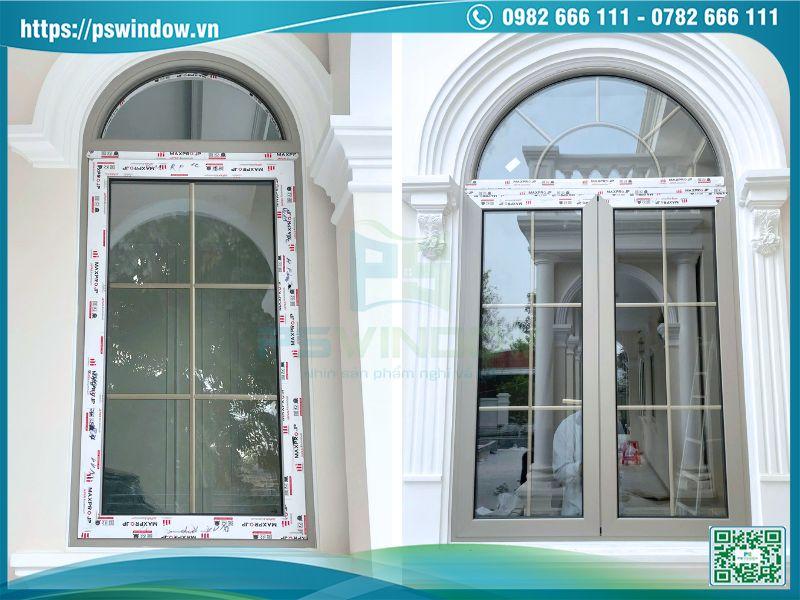 Cửa nhôm Maxpro hệ 83 thiết kế uốn vòm màu champagne