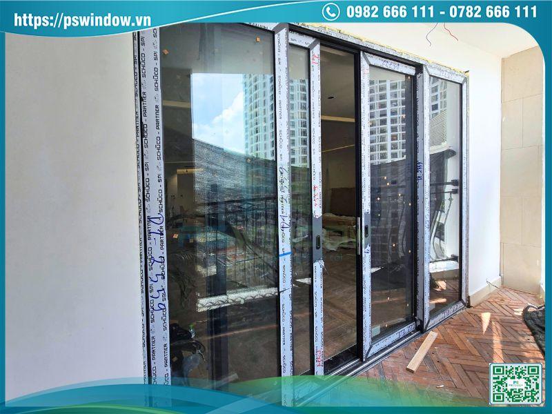 Mẫu cửa lùa 2 cánh fix 2 bên nhôm Schuco cao cấp
