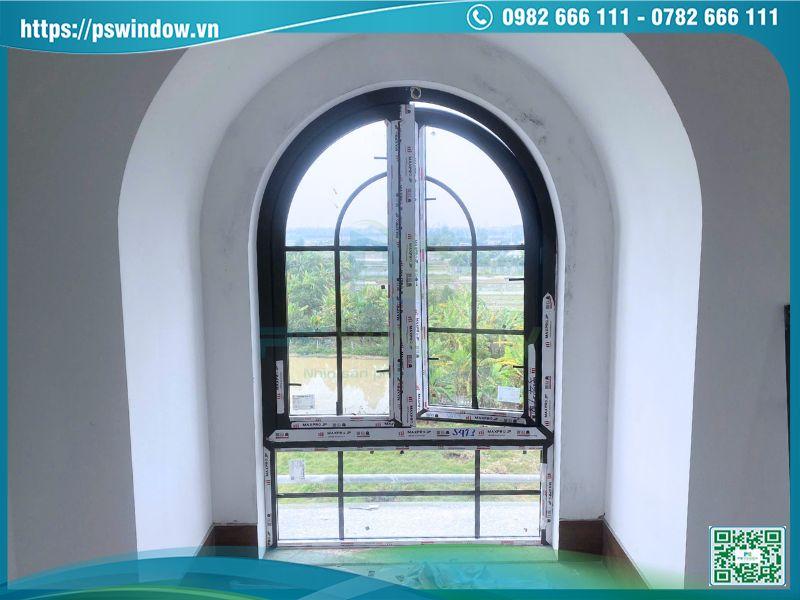 Mẫu cửa nhôm tân cổ điển kiểu uốn vòm kính hộp nan nhôm