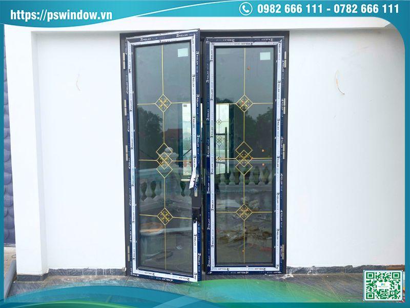 Cửa nhôm Rolan kính hộp nan đồng mở quay 2 cánh