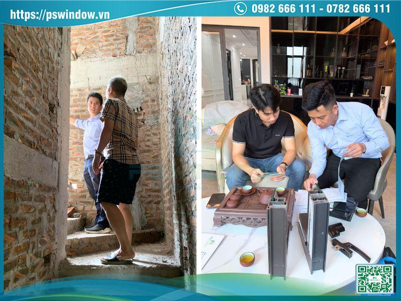 Nhân viên kinh doanh Pswindow tư vấn khách hàng tại công trình
