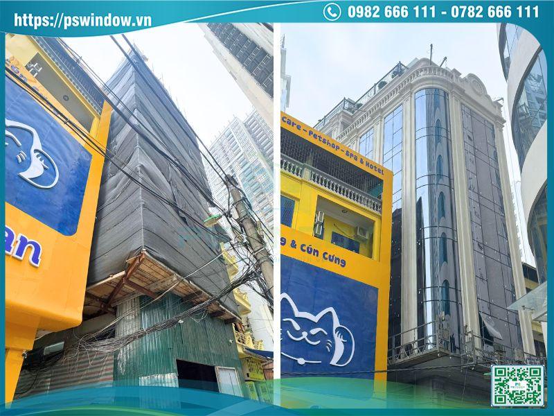 Công trình trước và sau khi thi công vách kính mặt dựng