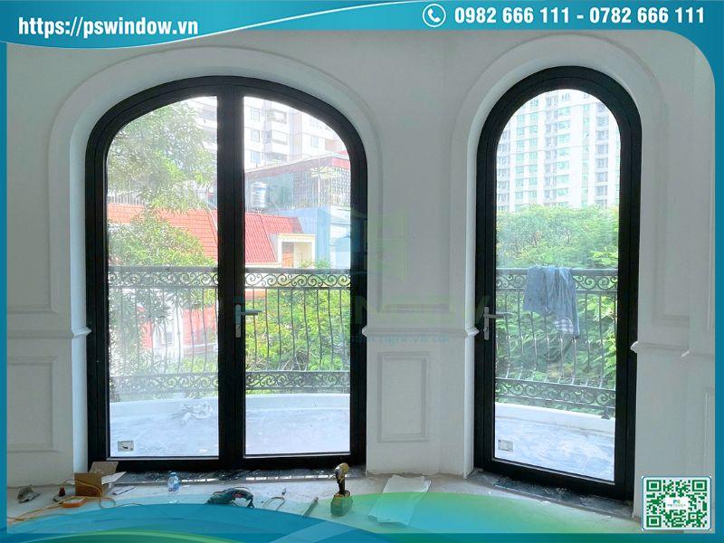 Cửa mở quay 1 cánh, 2 cánh uốn vòm nhôm Maxpro, phụ kiện Cmech