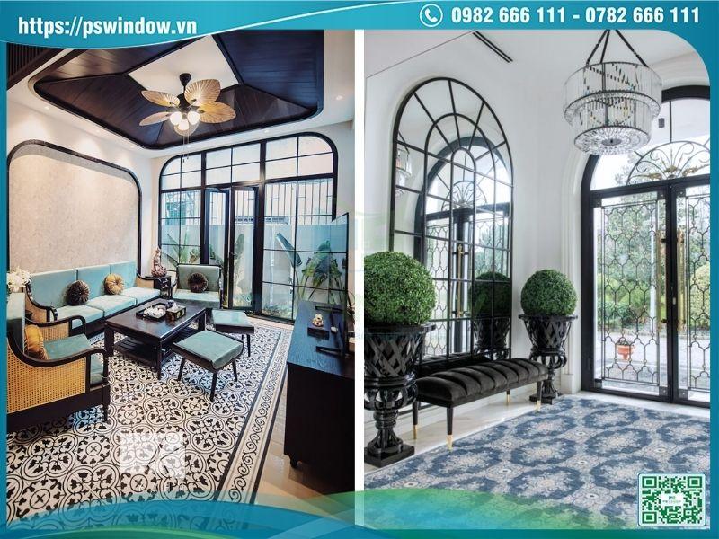 Cửa nhôm kính uốn vòm kính nan trang trí cho kiến trúc Indochine