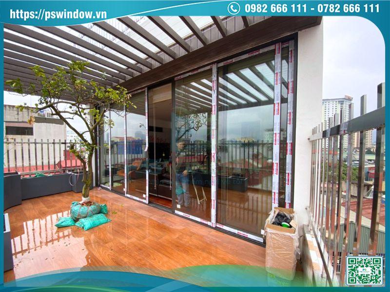 Cửa nhôm lùa 4 cánh ray nổi trên sàn 