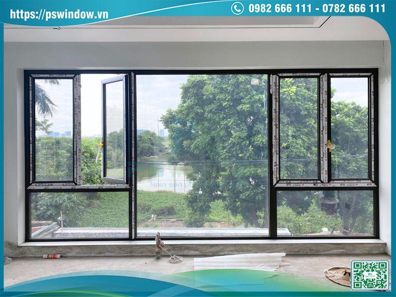 Cửa nhôm Maxpro hệ 55 mở quay 2 cánh kết hợp vách kính cố định