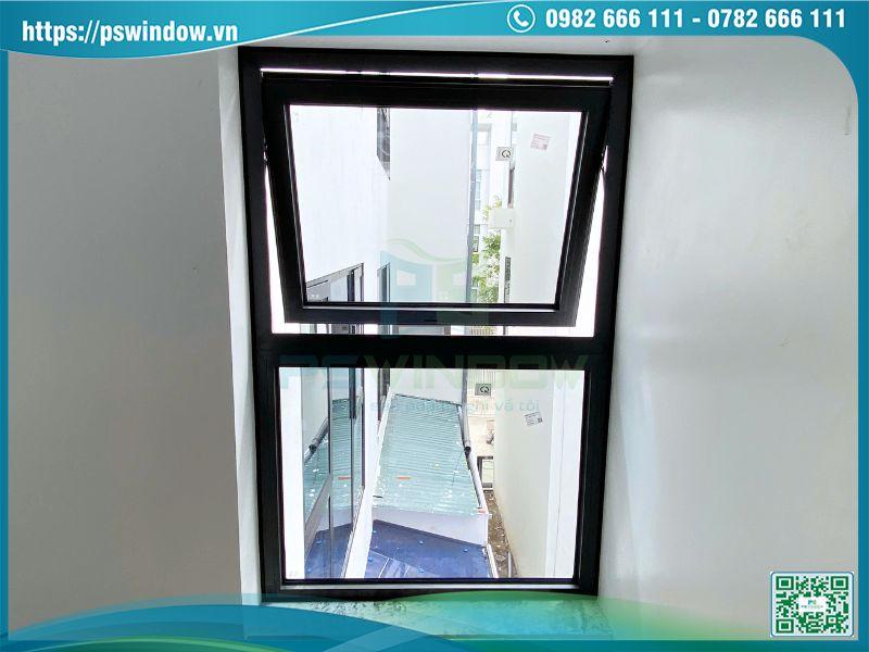 Cửa sổ mở hất 1 cánh kết hợp vách fix dưới nhôm Xingfa xám đá