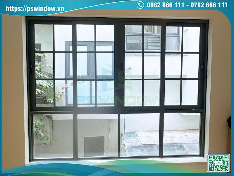 Cửa sổ nhôm lùa 4 cánh Xingfa xám đá kính hộp nan nhôm