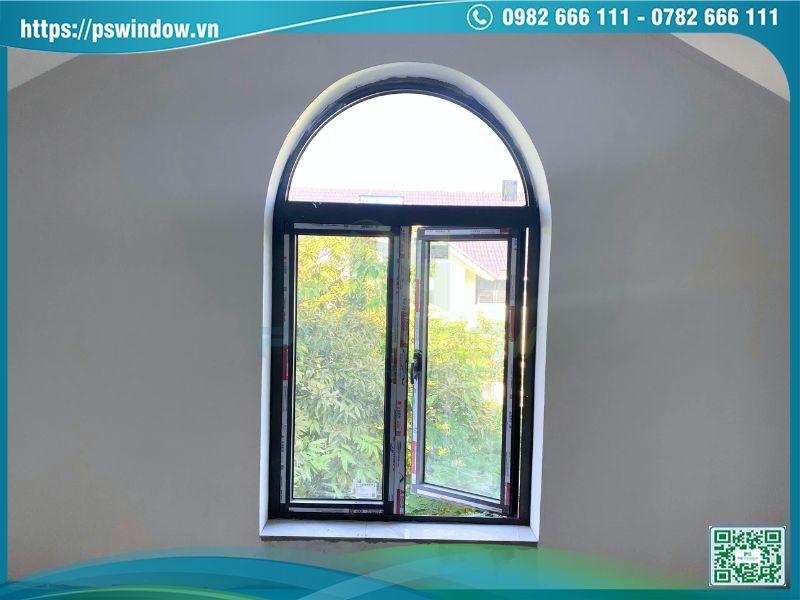 Cửa sổ nhôm Xingfa mở quay 2 cánh fix trên uốn vòm