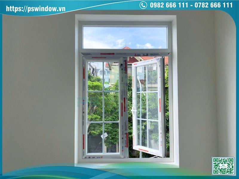 Mẫu cửa sổ mở quay 2 cánh nhôm Xingfa trắng kính hộp nan nhôm