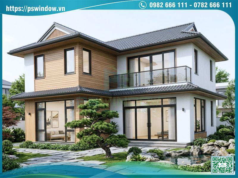 Biệt thự mái Nhật lắp đặt cửa nhôm màu đen kính hộp và phụ kiện Cmech cao cấp