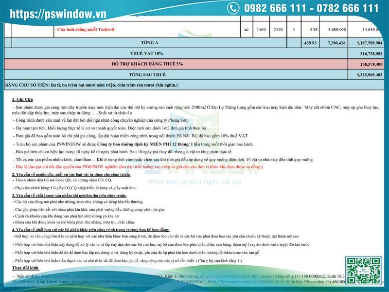 Phần tổng dự toán và ghi chú trong báo giá cửa nhôm kính chuẩn PSWINDOW